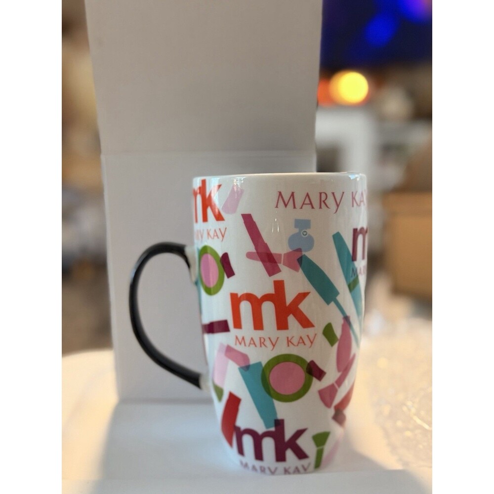 Mary Kay MK Ceramic Travel Tumbler Colorful Make-up Coffee Mug Cup 6” New In Box